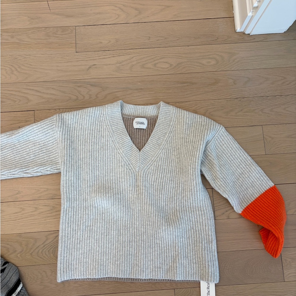 Gray and Orange V-Neck Sweater